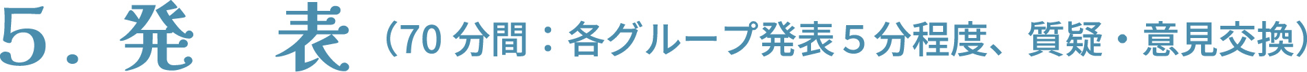 発表（70分間：各グループ発表5分程度、質疑・意見交換）